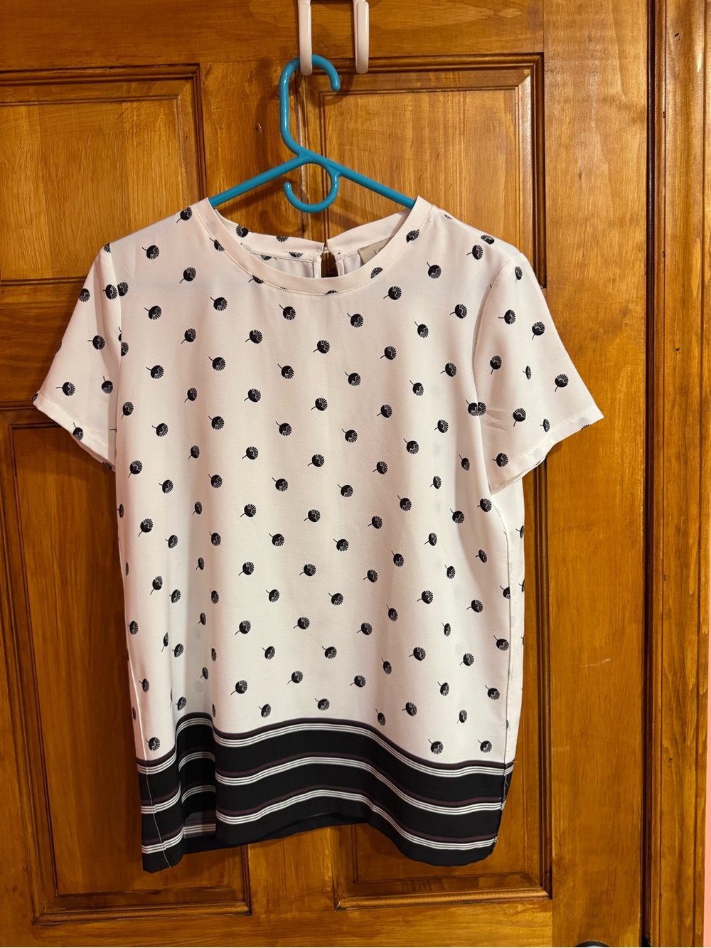LOFT White Short-Sleeve Dot Print Blouse with Black Stripes